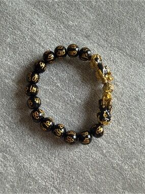 Feng Shui Double PiXiu Wealth Bracelet - Black Obsidian Good Luck Mantra Charm